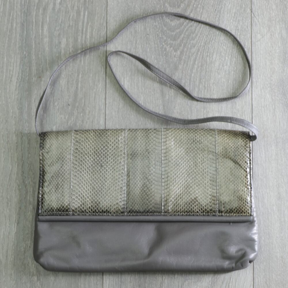 Vintage Snakeskin Crossbody Handbag S Gray Green Organizer Purse Clutch Bag
